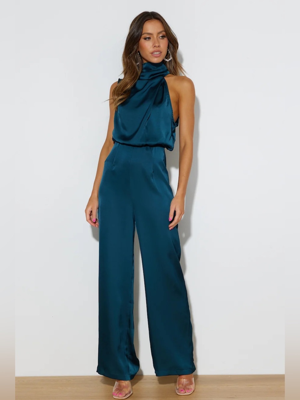Hello Molly Youthful Days Teal Satin Cowl Neck Wide Leg Jumpsuit Medium